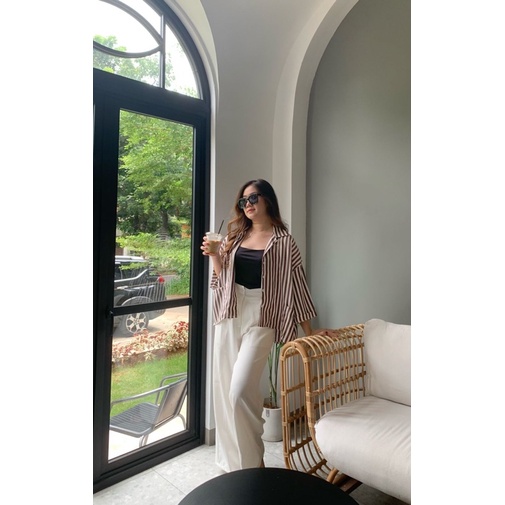 JOSHIN Atasan Kemeja Salur- Oversize Shirt Polyester - Blouse Kemeja Wanita