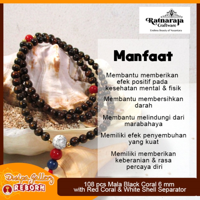 Tasbih / Mala Buddha 108 Black Coral 6 mm with Red Coral Separator