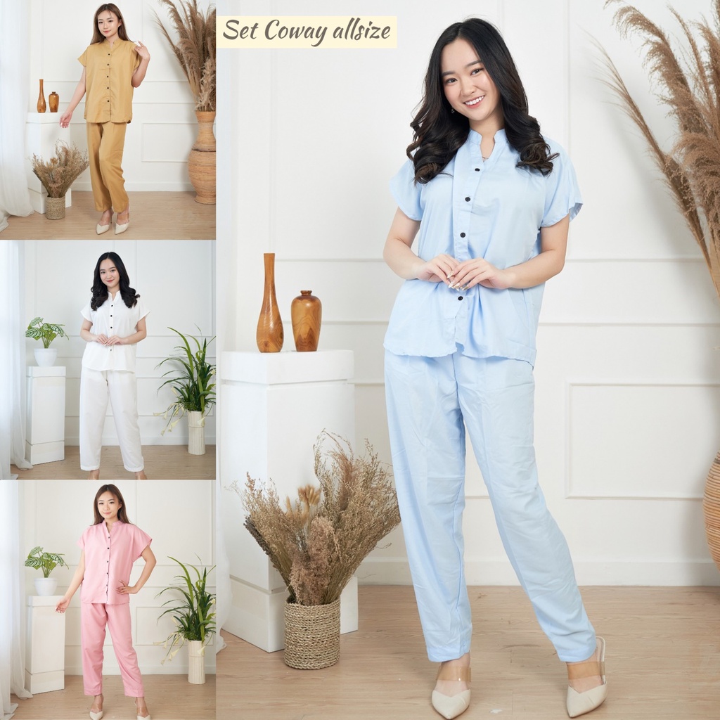 IZANY Piyama One Set / Daily Set Plain Kemeja  COWAY Allsize