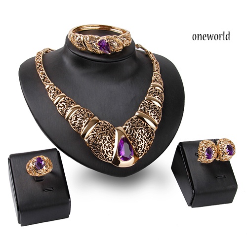 OW@ Luxury African Style Teardrop Rhinestone Hollow KC Gold Plated Lady Jewelry Set