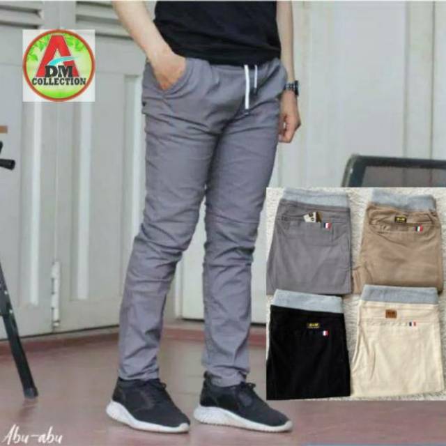 Celana chinos panjang pinggang karet/pinggang kolor pria