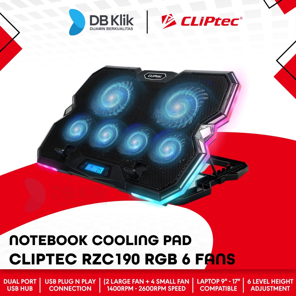 Notebook Cooling Pad CLIPtec RZC190 RGB 6Fans LED Display Ergostand 17