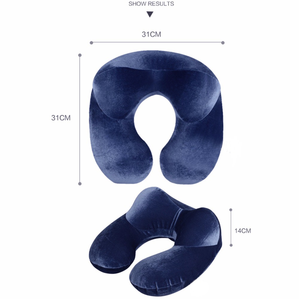 YMYQ Bantal Leher U-Shape Inflatable Travel Neck Pillow - 300TC - Dark Blue