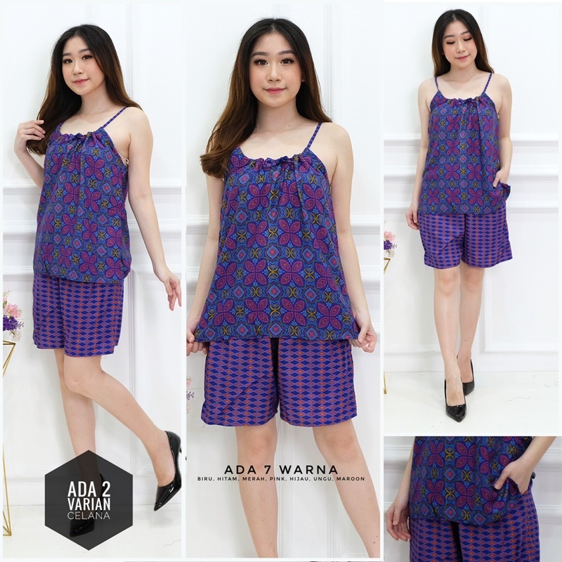 Set Piyama Baju Tidur Wanita Batik Stelan Lengan Tali Serot-9