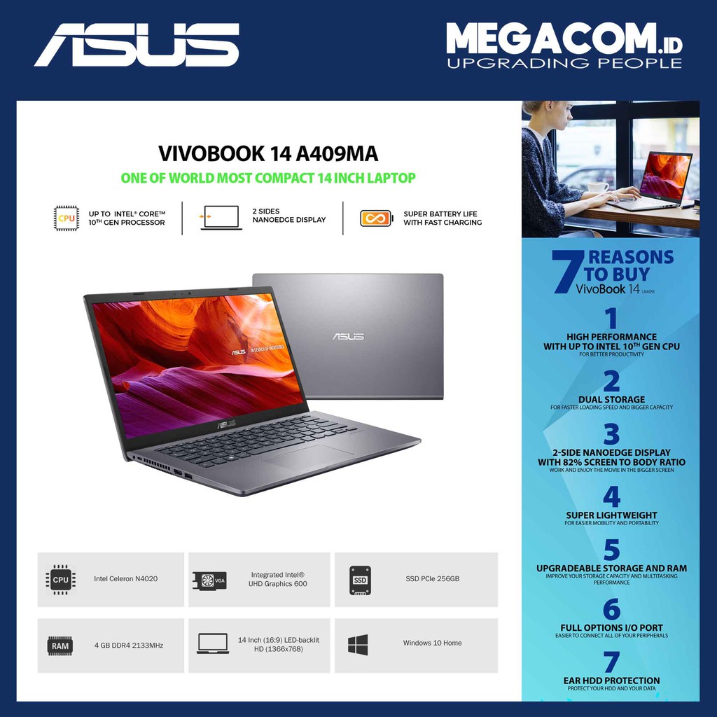 Asus A409MA-BV422TS Grey [Intel N4020|RAM 4GB|SSD 256GB|Win10|OHS2019]