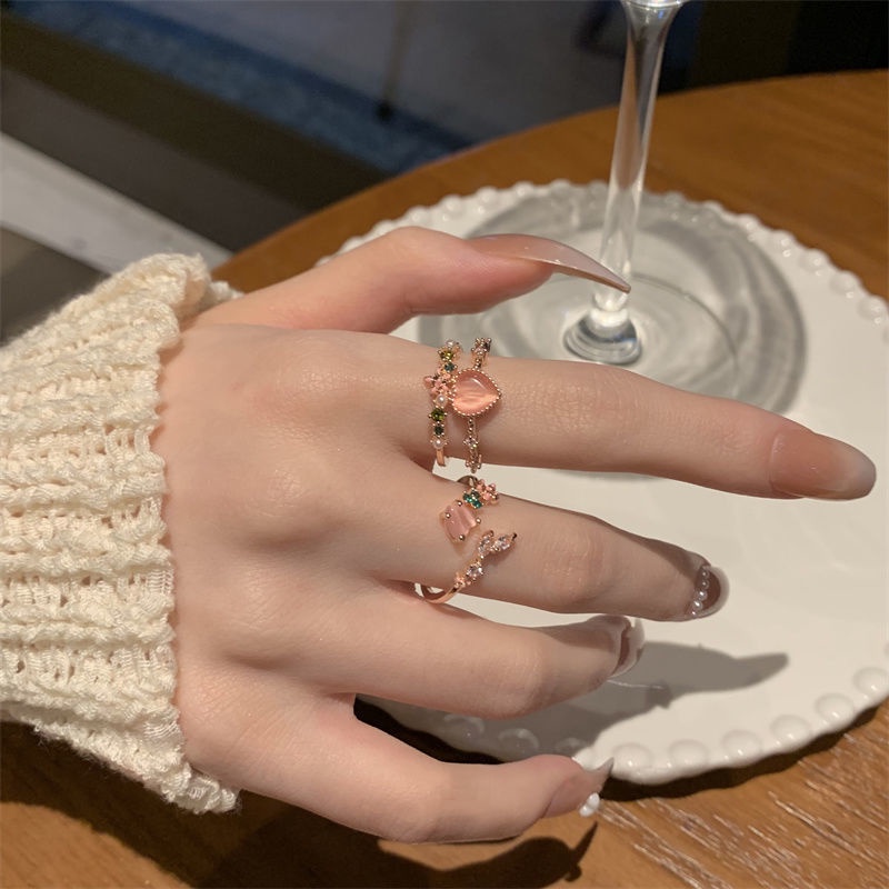 Cincin Model Terbuka Desain Hati Ganda Aksen Zirkon Gaya Korea Untuk Wanita