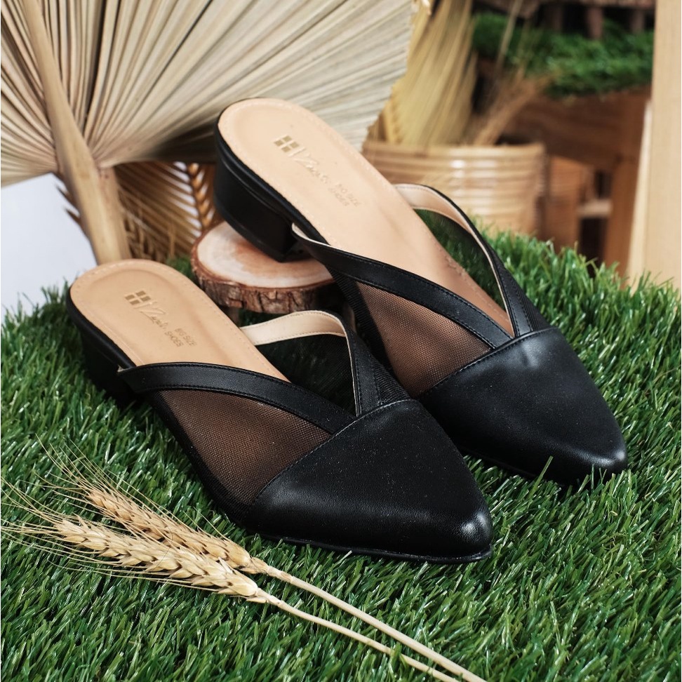 sandal sepatu mules wanita bagus murah ukuran besar-jumbo 40-41 42 43 44 45 heels bustong hitam / sendal formal cewek big size