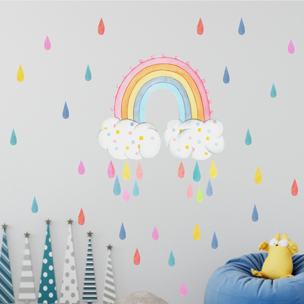 Stiker Dinding Desain Pelangi Hujan Untuk Dekorasi Kamar Tidur Anak