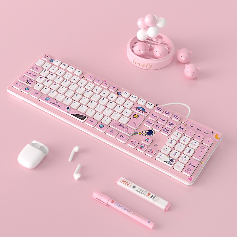 Keyboard Kabel Hening high value Desain Kartun Warna pink Untuk laptop / Kantor