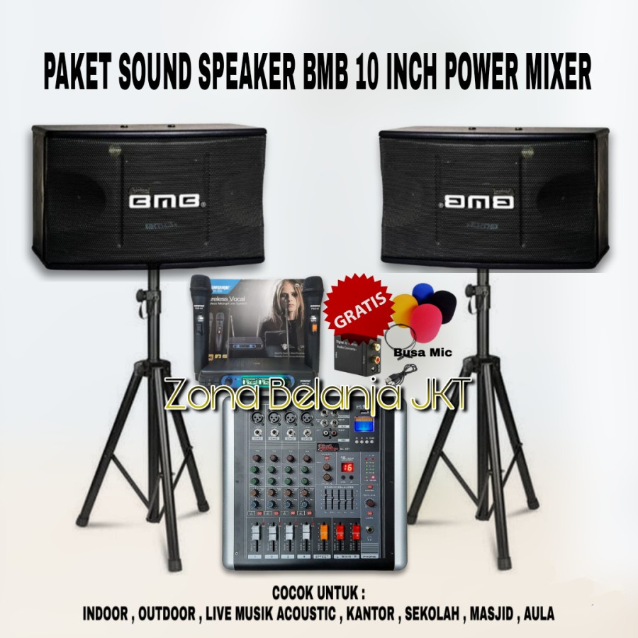 PAKET KARAOKE LIVE MUSIK SOUND SYSTEM SPEAKER BMB 10 INCH POWER MIXER 4 CHANNEL MIC WIRELESS ORIGINAL ( BW-1 )