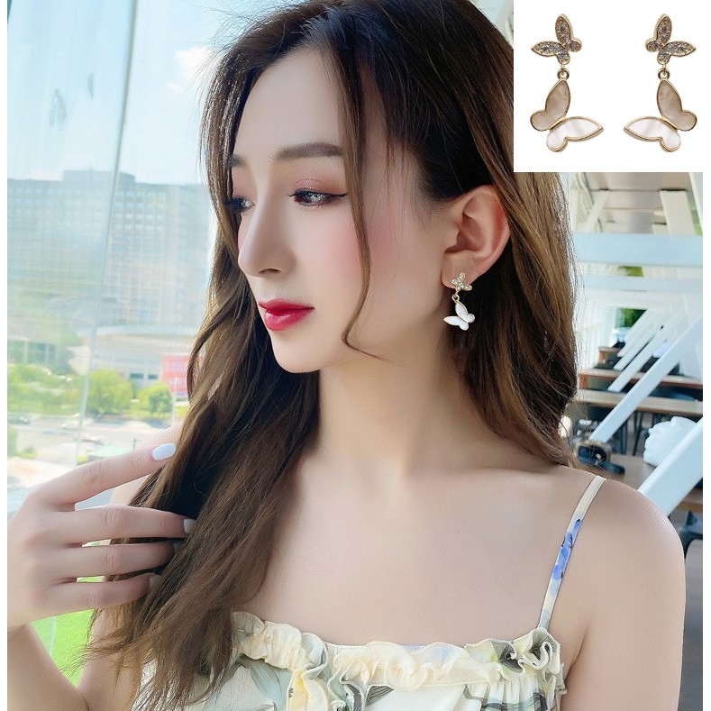 Anting Tindik Wanita DOUBLE BUTTERFLY Gaya Korea Fashion Women Earring Giwang Cewe Kupu-Kupu Import