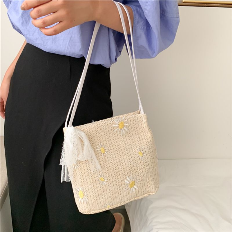 Drozenb Tas Tote Wanita Bahan Anyam Jerami Model Korea/Totebag Fashion Korea Bahan Anyaman Motif Bunga/Tas Anyaman Korea Motif Lace/Tas Pantai Korea