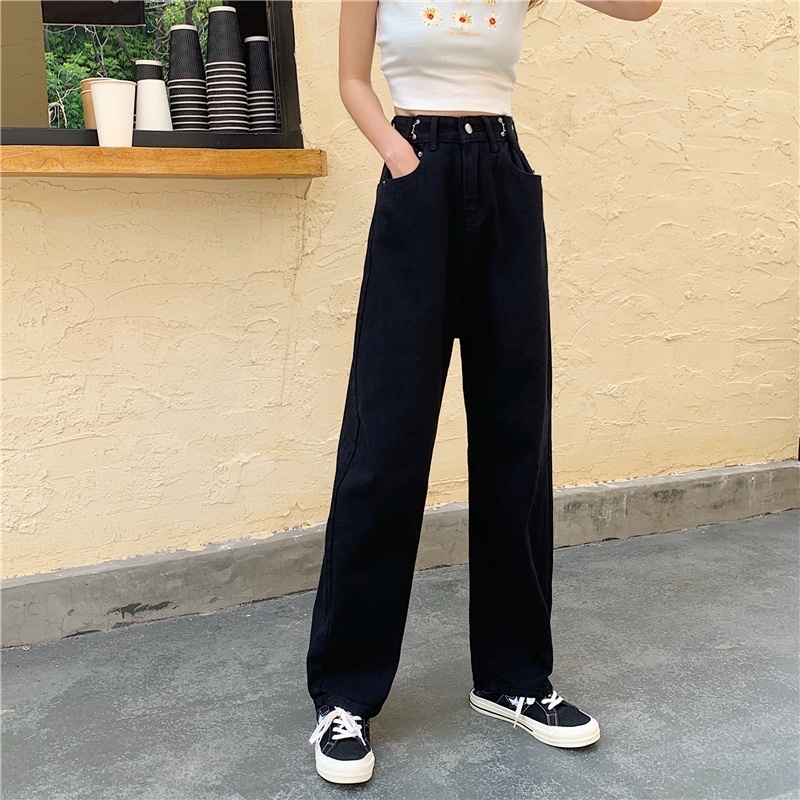 wide-leg jeans untuk wanita high-waist longgar lurus-kaki celana panjang