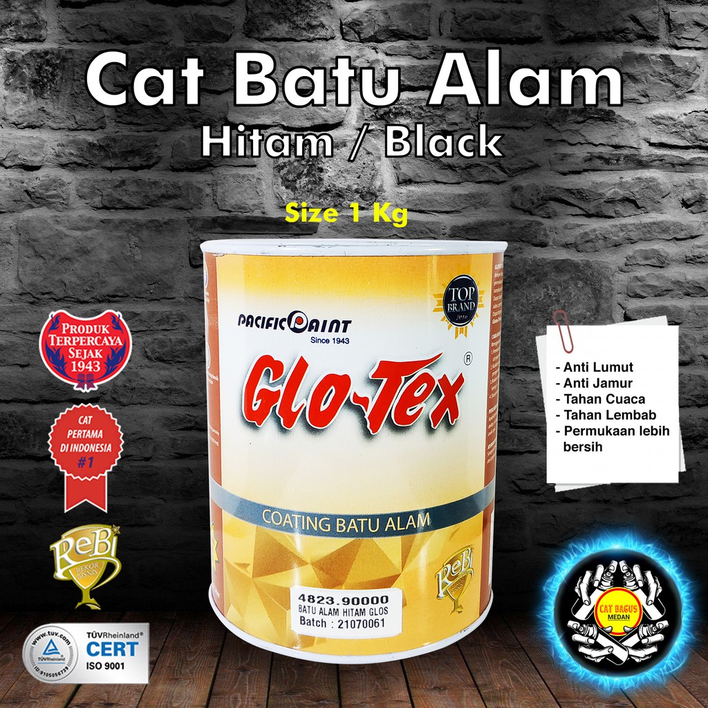 CAT COATING BATU ALAM WARNA HITAM GLOSS KILAT 1 KG PACIFIC PAINT GLO-TEX GLOTEX HITAM GLOS MEDAN 0,9