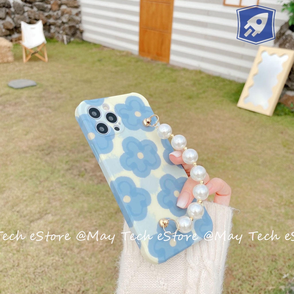 Casing iPhone Bunga Biru Blue Flower dengan Hand Grip Muatiara Pearl iPhone X XS XSMAX 11 12 13 PRO PROMAX