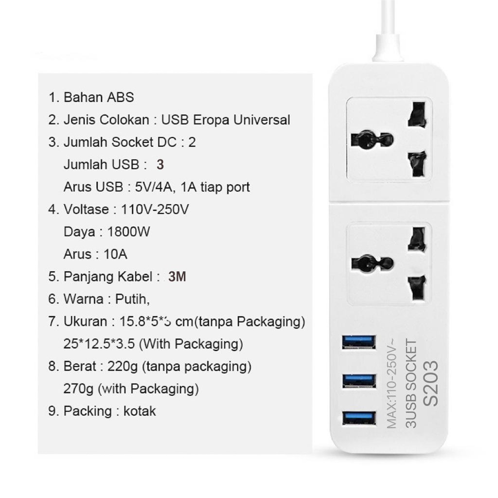 ❤Freedom❤ Original Power Strip Stop Kontak Colokan Listrik 2 Power Socket 3 Smart USB Port S203