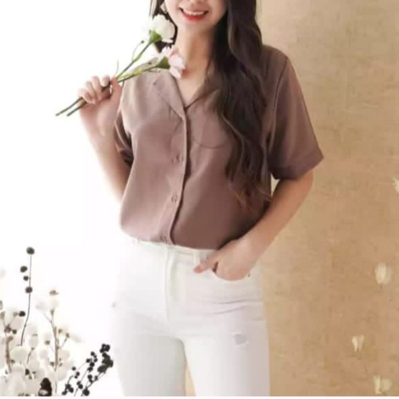 Blouse Polos Lengan Pendek Wanita Casual Putih Hitam Shakilla Twill | Kemeja Wanita Lengan Pendek Casual