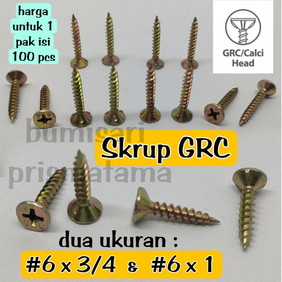 Skrup GRC kuning 6 x 3/4 Calciboard Screw 6 x 1 (per pak isi 100 pcs)