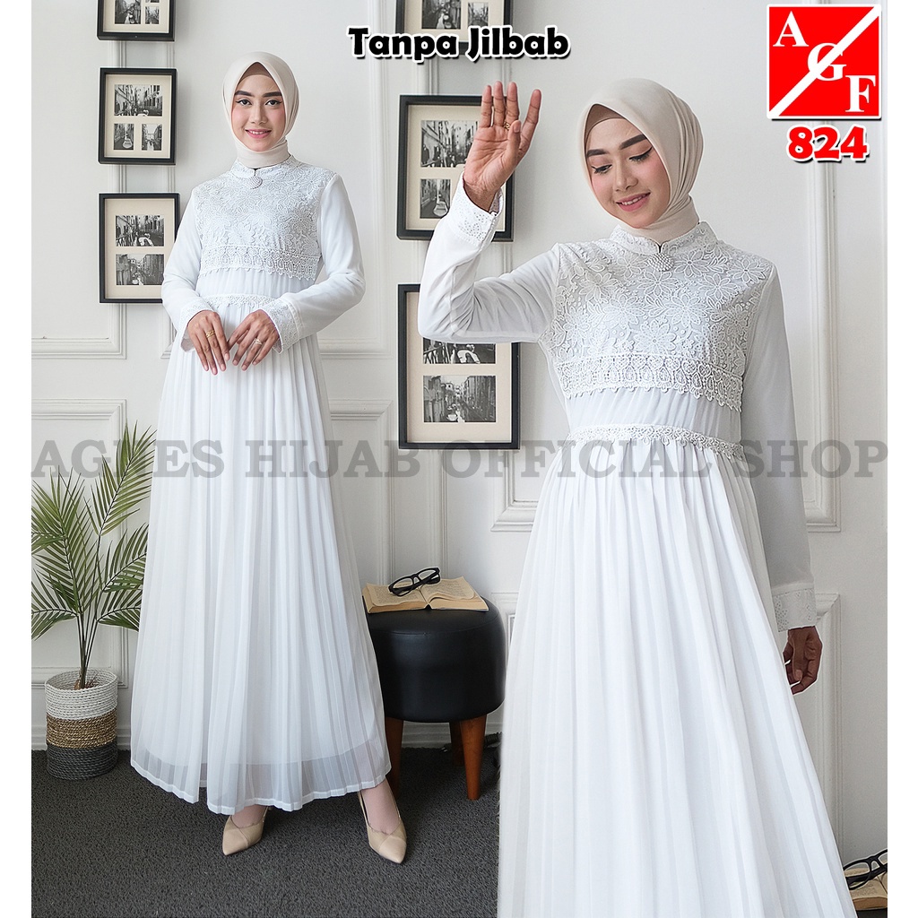 Agnes Hijab - Nicha Dress Gamis Putih Wanita Gamis Plisket Brukat Baju Muslim Wanita Busana Lebaran 