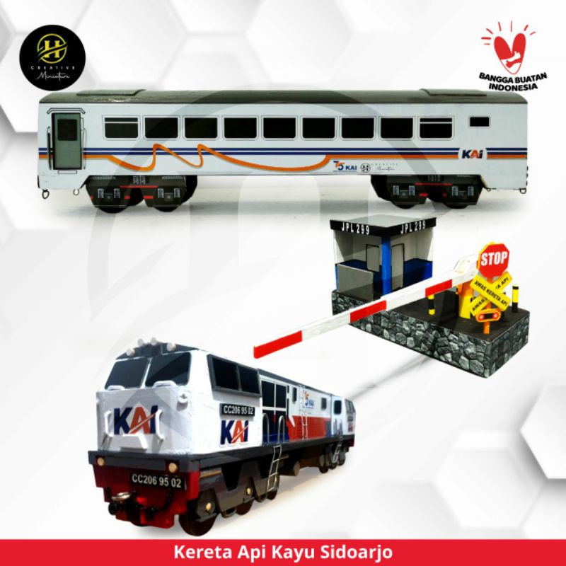 Miniatur_mainan kereta api kayu (paket loko + gerbong + palang Perlintasan + POS PJL )