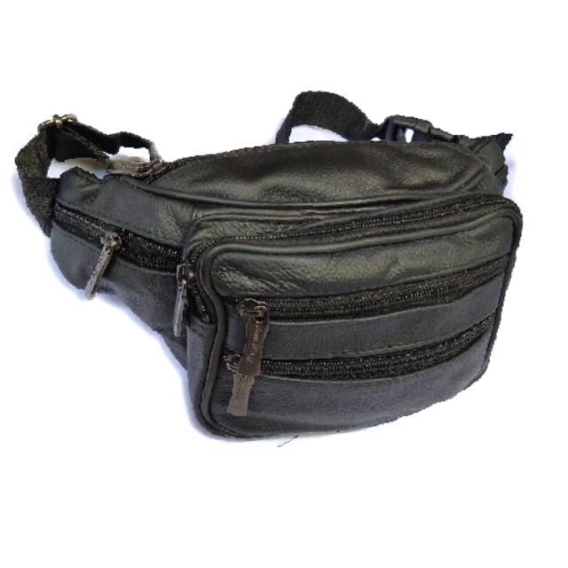 Tas selempang pinggang waist bag kulit asli black02 impor