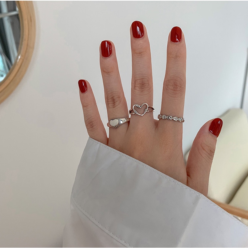 3pcs / Set Cincin Adjustable Bentuk Hati Warna Silver Gaya Korea Untuk Wanita