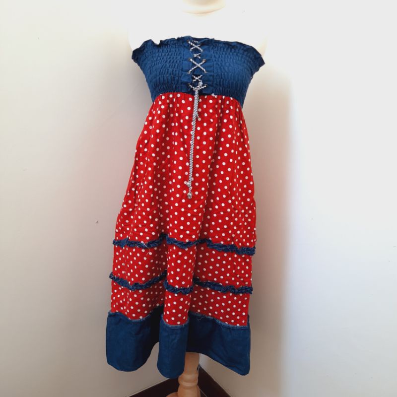 DRESS POLKADOT JEANS STRAPLESS MURAH || NO CACAT || THRIFT SHOP SECOND HAND