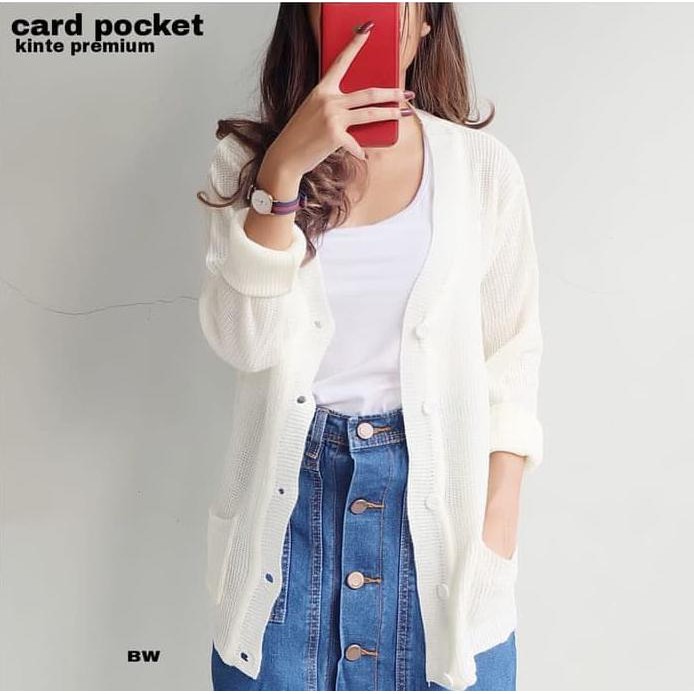 CARDIGAN WANITA RAJUT POCKET WARNA PUTIH