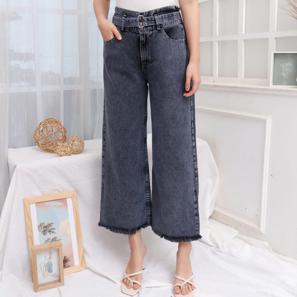 HOPYLOVY SALE Celana Kulot Jeans Wanita Highwaist Jeans Washed Free Belt BF Rawis Tanisa