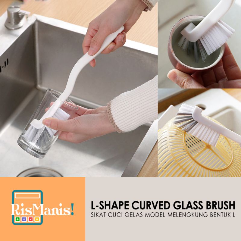 L-SHAPE CURVED GLASS BRUSH - Sikat Cuci Gelas Botol Bulu Halus Model Sudut Lengkung Gagang Panjang