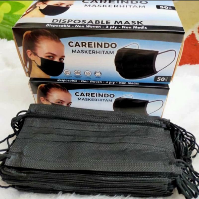 MASKER HITAM NON MEDIS 3 PLY CAREINDO / ECER PER 10 PCS