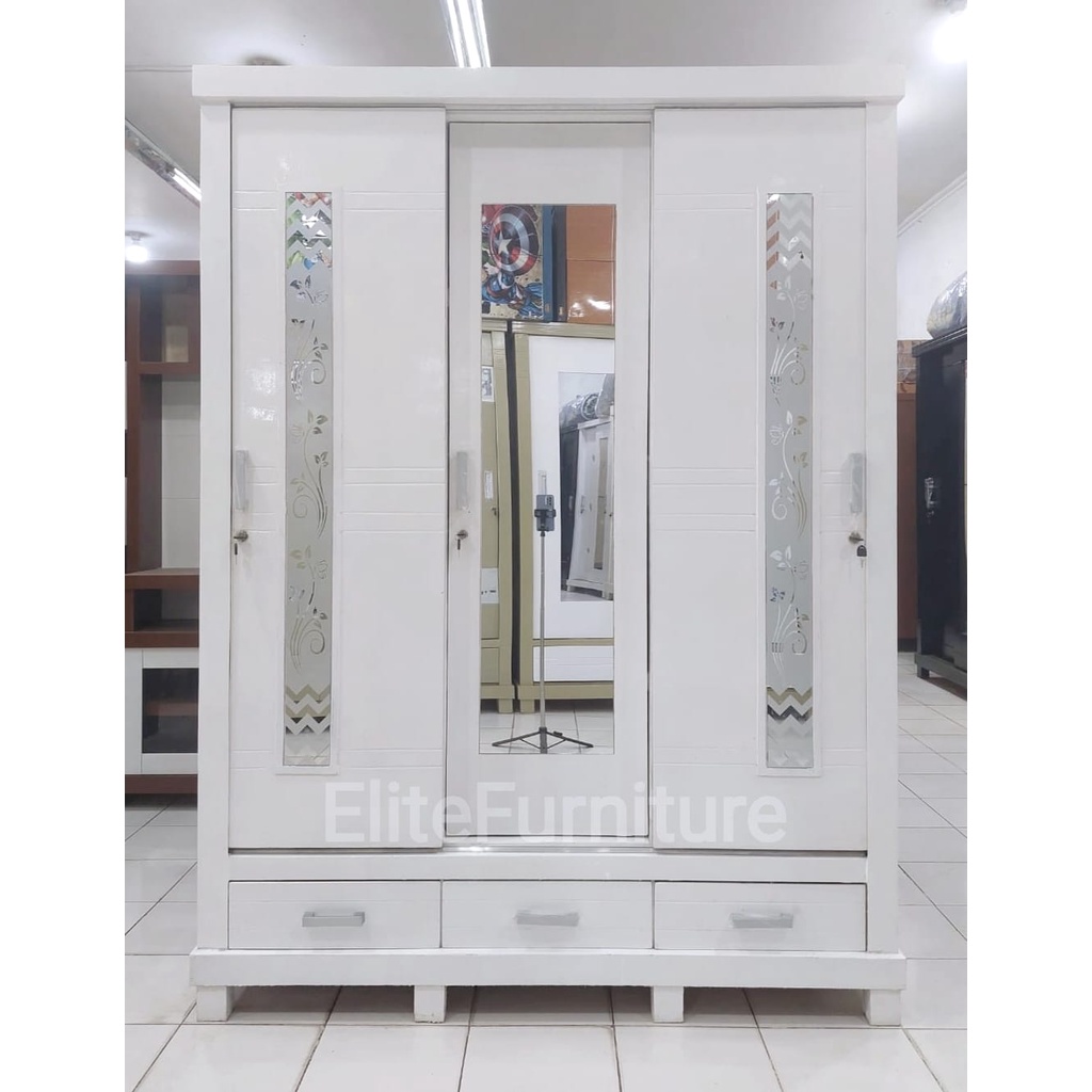 Lemari Baju 3Pintu Geser / Lemari Pakaian 3Pintu Putih / Lemari Baju Minimalis / Lemari Pakaian Slid