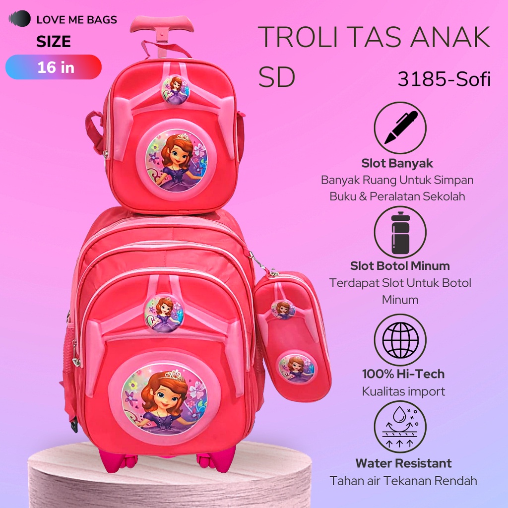 LMB Tas Troli Anak Sekolah SD Perempuan Import 3in1 Set Bahan Nilon Premium Karakter Kartun Lucu Kuat dan Nyaman Dipakai