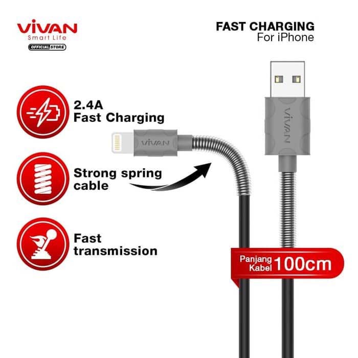 VIVAN FL100 1M Spring Lightning Data Cable for IPhone 2.4A