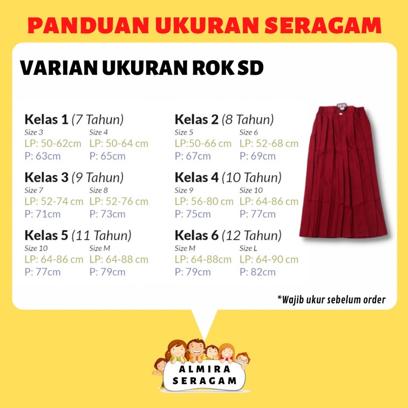 PRODUK LOKAL | Setelan Super Lengkap Seragam Sekolah SD KEMEJA BAJU PENDEK dan ROK PANJANG Perempuan Cewek