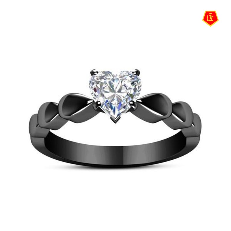 [Ready Stock]Simple Personality Black Inlaid Heart-Shaped Diamond Ring