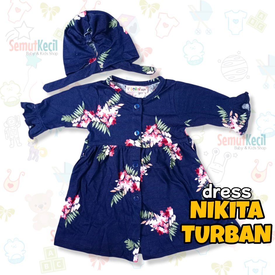 NIKITA 0 - 2 THN DRESS ANAK BAYI PEREMPUAN FREE TURBAN Baju Anak Bayi Perempuan Cewek Dres Baby Girl Nicta Bobo Kids-C DarkNavyFLoRedWhit
