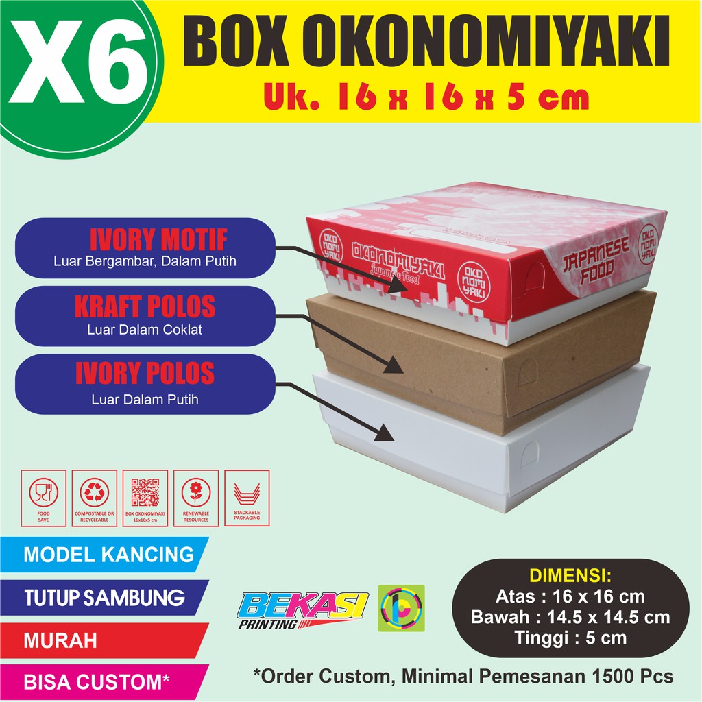 

PL-X6 Paper Lunch Box Kotak Kemasan Packaging Dus Okonomiyaki / Takoyaki / Dimsum Size 16x16x5 cm