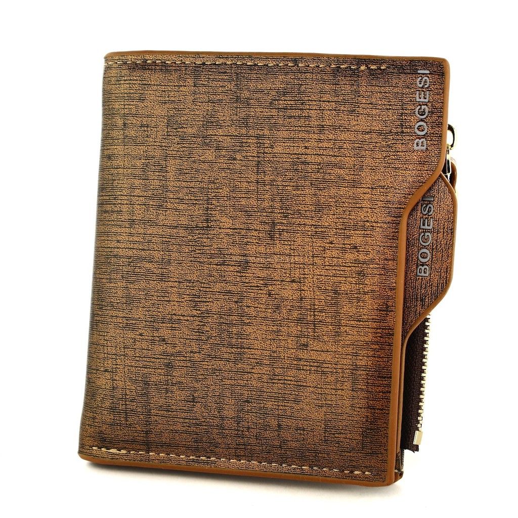 BOGESI Dompet Pria Model Lipat dengan Resleting Original GL Coklat Muda-Gold