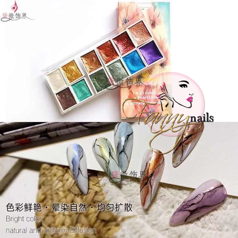 GLITTERY GLITER WATER COLOR NAIL ART 12 WARNA CHROME PEARL WATER COLOR MARBLE KUKU SWAROVSKI NAILART