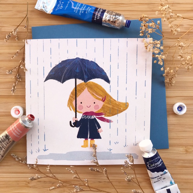 

Kartu ucapan watercolor lucu - raining by Mentol Art