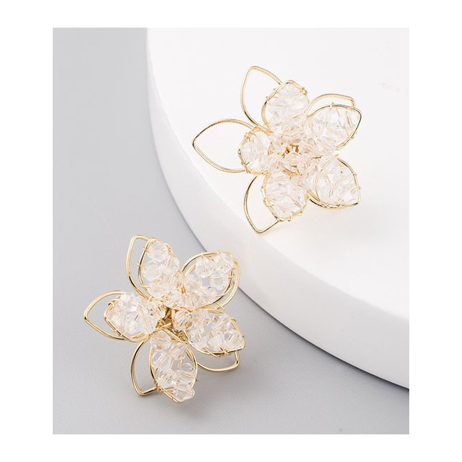 LRC Anting Tusuk Fashion White Crystal Hollow Flower Beaded Braided Alloy Earrings K04131