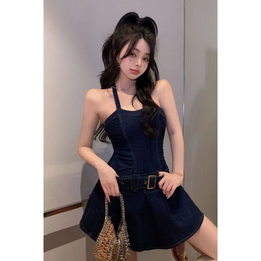 Gaun suspender denim pinggang biru wanita 2022 musim panas baru a-line halter neck tanpa lengan rok