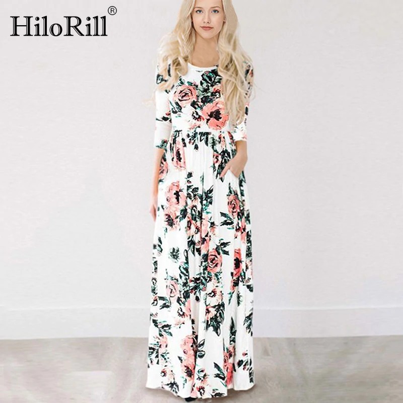 POTONGAN 2020 Summer Long Dress Floral Print Boho Beach Dress Tunic Maxi Dress Women Evening Party