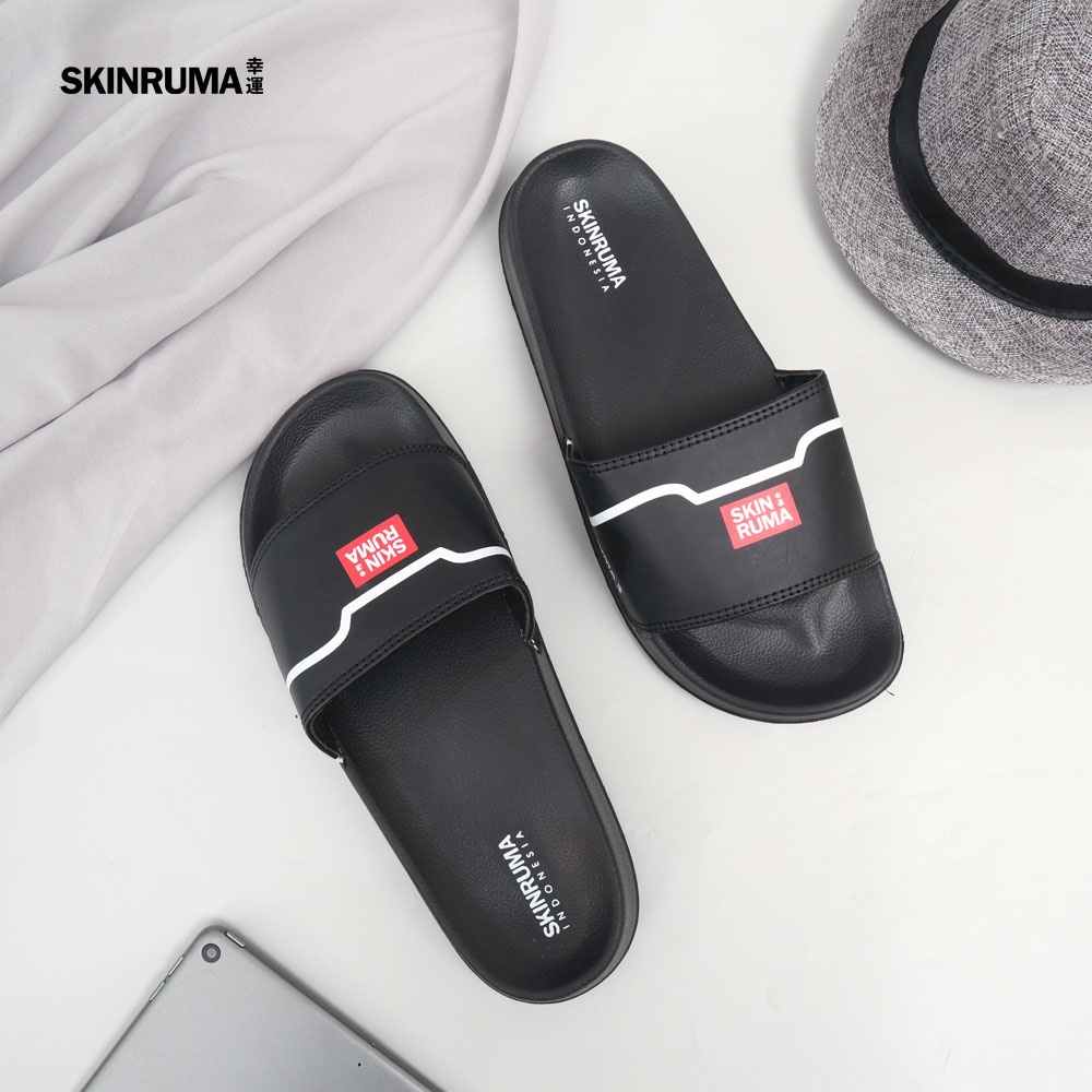 Sendal Selop Casual Pria SKINRUMA Rogo Rain Hitam Merah / Sendal Slide Pria / Sendal Slip On Pria