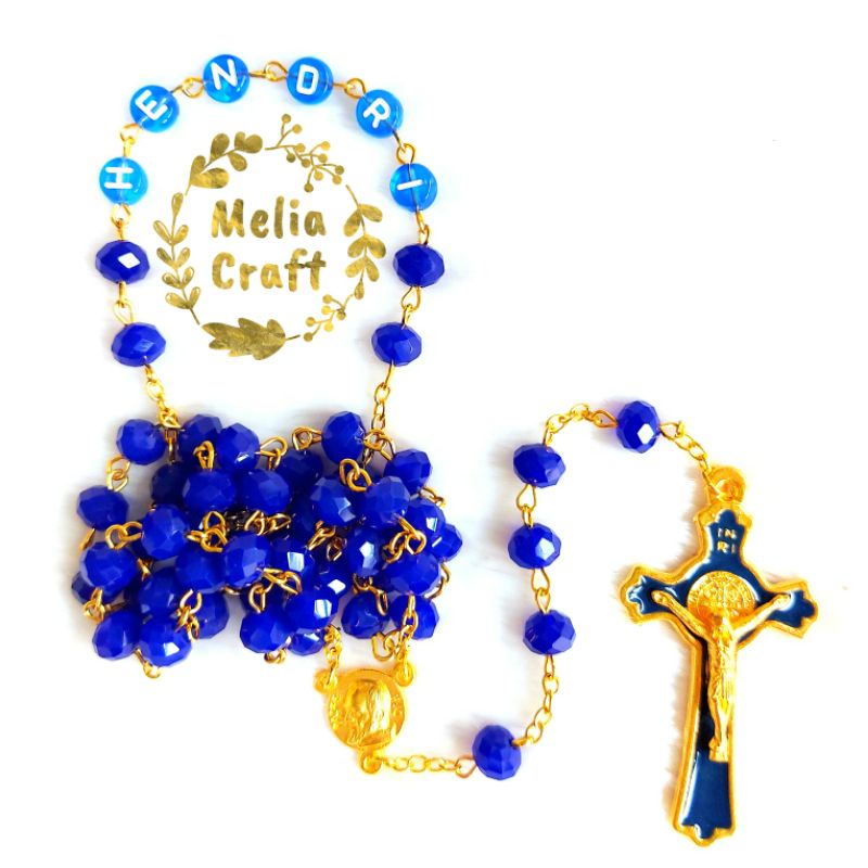 Rosario Nama Kristal Biru Gold Salib Benediktus