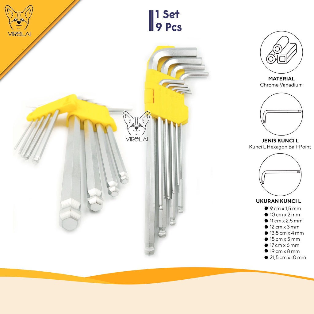 Kunci L Bintang / Hexagon Ball-Point Set 9 Pcs / Star L Key / Hexagon Ball-Point Set 9 Pcs [HONG TU]