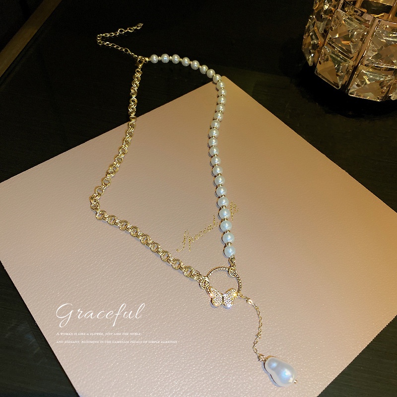 Kalung Rantai Dengan Liontin Butterfly Ring Lock Harta Karun Labu Aksen Mutiara Bahan Alloy Untuk Wanita