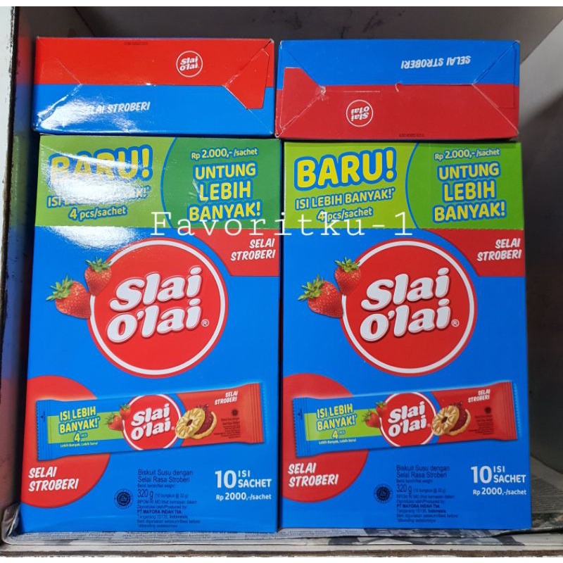 

Slai Olai ~Biskuit Selai Strawberry atau Blueberry by Mayora 320 gr.1 Kotak Isi 10 Bungkus.