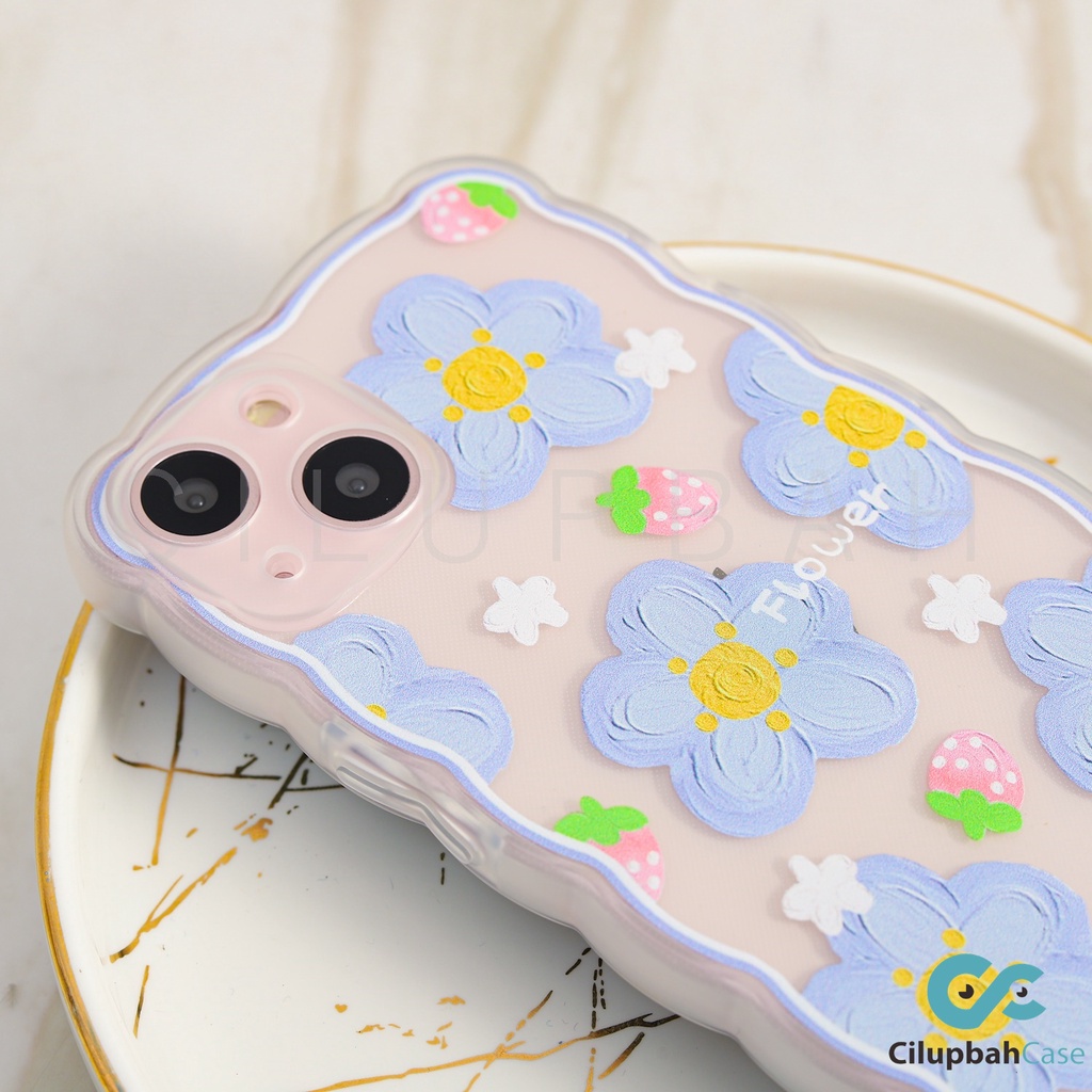 Soft Case Strawberry With Blue Flowers Wavy Side Full Lens Cover For iPhone 7 8 PLUS XR X XS MAX 11 12 13 MINI PROMAX